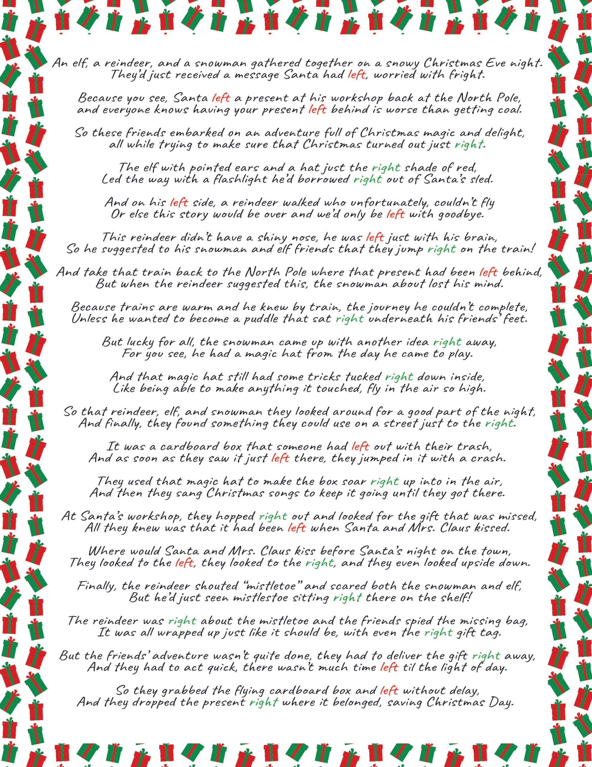 fun left right christmas game (4 printable stories) - play party plan